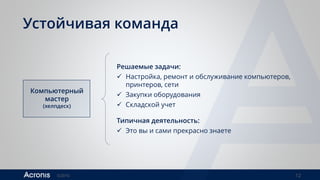 ©2016 12
Устойчивая команда
Компьютерный
мастер
(хелпдеск)
Решаемые задачи:
 Настройка, ремонт и обслуживание компьютеров,
принтеров, сети
 Закупки оборудования
 Складской учет
Типичная деятельность:
 Это вы и сами прекрасно знаете
 