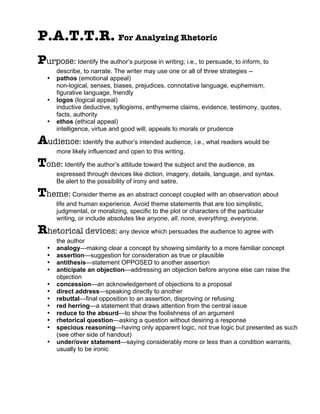 P.A.T.T.R. For Analyzing Rhetoric
Purpose: Identify the author’s purpose in writing; i.e., to persuade, to inform, to
       describe, to narrate. The writer may use one or all of three strategies --
   •   pathos (emotional appeal)
       non-logical, senses, biases, prejudices, connotative language, euphemism,
       figurative language, friendly
   •   logos (logical appeal)
       inductive deductive, syllogisms, enthymeme claims, evidence, testimony, quotes,
       facts, authority
   •   ethos (ethical appeal)
       intelligence, virtue and good will; appeals to morals or prudence

Audience: Identify the author’s intended audience, i.e., what readers would be
       more likely influenced and open to this writing.

Tone: Identify the author’s attitude toward the subject and the audience, as
       expressed through devices like diction, imagery, details, language, and syntax.
       Be alert to the possibility of irony and satire.

Theme: Consider theme as an abstract concept coupled with an observation about
       life and human experience. Avoid theme statements that are too simplistic,
       judgmental, or moralizing, specific to the plot or characters of the particular
       writing, or include absolutes like anyone, all, none, everything, everyone.

Rhetorical devices: any device which persuades the audience to agree with
       the author
   •   analogy—making clear a concept by showing similarity to a more familiar concept
   •   assertion—suggestion for consideration as true or plausible
   •   antithesis—statement OPPOSED to another assertion
   •   anticipate an objection—addressing an objection before anyone else can raise the
       objection
   •   concession—an acknowledgement of objections to a proposal
   •   direct address—speaking directly to another
   •   rebuttal—final opposition to an assertion, disproving or refusing
   •   red herring—a statement that draws attention from the central issue
   •   reduce to the absurd—to show the foolishness of an argument
   •   rhetorical question—asking a question without desiring a response
   •   specious reasoning—having only apparent logic, not true logic but presented as such
       (see other side of handout)
   •   under/over statement—saying considerably more or less than a condition warrants,
       usually to be ironic
 