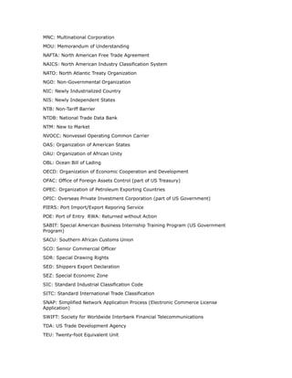 MNC: Multinational Corporation
MOU: Memorandum of Understanding
NAFTA: North American Free Trade Agreement
NAICS: North American Industry Classification System
NATO: North Atlantic Treaty Organization
NGO: Non-Governmental Organization
NIC: Newly Industrialized Country
NIS: Newly Independent States
NTB: Non-Tariff Barrier
NTDB: National Trade Data Bank
NTM: New to Market
NVOCC: Nonvessel Operating Common Carrier
OAS: Organization of American States
OAU: Organization of African Unity
OBL: Ocean Bill of Lading
OECD: Organization of Economic Cooperation and Development
OFAC: Office of Foreign Assets Control (part of US Treasury)
OPEC: Organization of Petroleum Exporting Countries
OPIC: Overseas Private Investment Corporation (part of US Government)
PIERS: Port Import/Export Reporing Service
POE: Port of Entry RWA: Returned without Action
SABIT: Special American Business Internship Training Program (US Government
Program)
SACU: Southern African Customs Union
SCO: Senior Commercial Officer
SDR: Special Drawing Rights
SED: Shippers Export Declaration
SEZ: Special Economic Zone
SIC: Standard Industrial Classification Code
SITC: Standard International Trade Classification
SNAP: Simplified Network Application Process (Electronic Commerce License
Application)
SWIFT: Society for Worldwide Interbank Financial Telecommunications
TDA: US Trade Development Agency
TEU: Twenty-foot Equivalent Unit
 