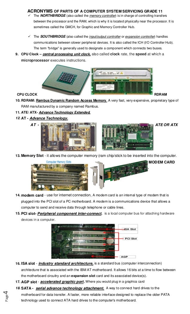 acronyms of parts of computer system servicing