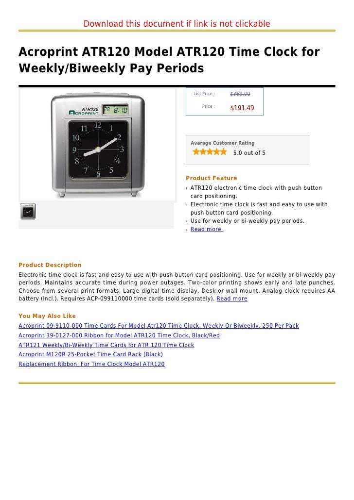 Acroprint Atr120 Model Atr120 Time Clock For Weekly Biweekly Pay Peri 