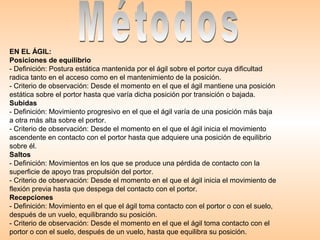 EN EL ÁGIL:
Posiciones de equilibrio
- Definición: Postura estática mantenida por el ágil sobre el portor cuya dificultad
radica tanto en el acceso como en el mantenimiento de la posición.
- Criterio de observación: Desde el momento en el que el ágil mantiene una posición
estática sobre el portor hasta que varía dicha posición por transición o bajada.
Subidas
- Definición: Movimiento progresivo en el que el ágil varía de una posición más baja
a otra más alta sobre el portor.
- Criterio de observación: Desde el momento en el que el ágil inicia el movimiento
ascendente en contacto con el portor hasta que adquiere una posición de equilibrio
sobre él.
Saltos
- Definición: Movimientos en los que se produce una pérdida de contacto con la
superficie de apoyo tras propulsión del portor.
- Criterio de observación: Desde el momento en el que el ágil inicia el movimiento de
flexión previa hasta que despega del contacto con el portor.
Recepciones
- Definición: Movimiento en el que el ágil toma contacto con el portor o con el suelo,
después de un vuelo, equilibrando su posición.
- Criterio de observación: Desde el momento en el que el ágil toma contacto con el
portor o con el suelo, después de un vuelo, hasta que equilibra su posición.
 