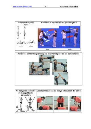 www.efconde.blogspot.com IES CONDE DE ARANDA
Colocar la espalda
recta
Mantener el tono muscular y no relajarse
Mal Bien
Portores: Utilizar las piernas para levantar el peso de los compañeros)
No apoyarse en medio
de la espalda del
compañero
Localizar las zonas de apoyo adecuadas del portor
5
 