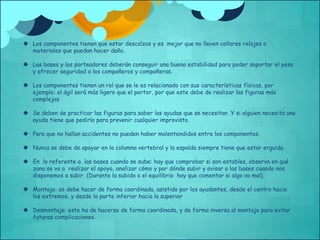  Los componentes tienen que estar descalzos y es mejor que no lleven collares relojes o 
materiales que puedan hacer daño. 
 Las bases y los porteadores deberán conseguir una buena estabilidad para poder soportar el peso 
y ofrecer seguridad a los compañeros y compañeras. 
 Los componentes tienen un rol que se le es relacionado con sus características físicas, por 
ejemplo: el ágil será más ligero que el portor, por que este debe de realizar las figuras más 
complejas. 
 Se deben de practicar las figuras para saber las ayudas que se necesitan .Y si alguien necesita una 
ayuda tiene que pedirla para prevenir cualquier improvisto. 
 Para que no hallan accidentes no pueden haber malentendidos entre los componentes. 
 Nunca se debe de apoyar en la columna vertebral y la espalda siempre tiene que estar erguida. 
 En lo referente a las bases cuando se sube: hay que comprobar si son estables, observa en qué 
zona se va a realizar el apoyo, analizar cómo y por dónde subir y avisar a las bases cuando nos 
disponemos a subir. (Durante la subida o el equilibrio hay que comentar si algo va mal). 
 Montaje: se debe hacer de forma coordinada, asistido por los ayudantes, desde el centro hacia 
los extremos, y desde la parte inferior hacia la superior 
 Desmontaje: este ha de hacerse de forma coordinada, y de forma inversa al montaje para evitar 
futuras complicaciones. 
 