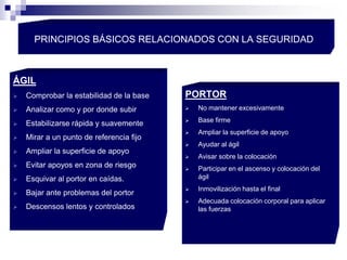 PRINCIPIOS BÁSICOS RELACIONADOS CON LA SEGURIDAD
ÁGIL
 Comprobar la estabilidad de la base
 Analizar como y por donde subir
 Estabilizarse rápida y suavemente
 Mirar a un punto de referencia fijo
 Ampliar la superficie de apoyo
 Evitar apoyos en zona de riesgo
 Esquivar al portor en caídas.
 Bajar ante problemas del portor
 Descensos lentos y controlados
PORTOR
 No mantener excesivamente
 Base firme
 Ampliar la superficie de apoyo
 Ayudar al ágil
 Avisar sobre la colocación
 Participar en el ascenso y colocación del
ágil
 Inmovilización hasta el final
 Adecuada colocación corporal para aplicar
las fuerzas
 