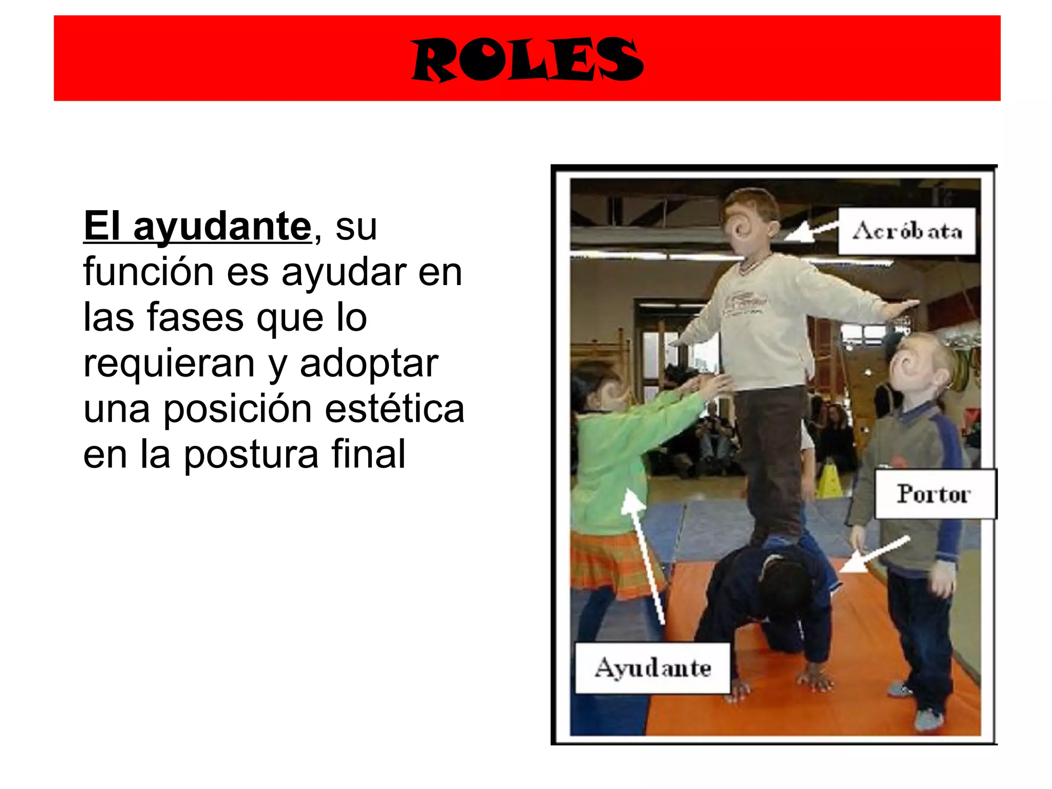 ROLES El ayudante , su función es ayudar en las fases que lo requieran y adoptar una posición estética en la postura final 