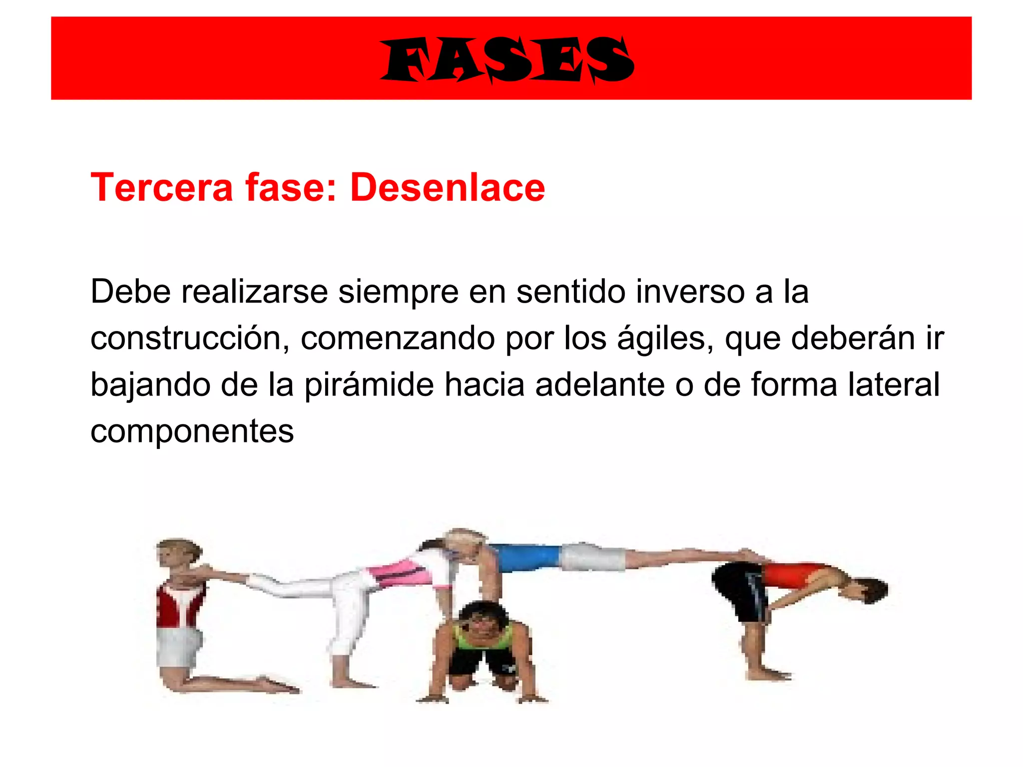 FASES   Tercera fase: Desenlace Debe realizarse siempre en sentido inverso a la construcción, comenzando por los ágiles, que deberán ir bajando de la pirámide hacia adelante o de forma lateral componentes 