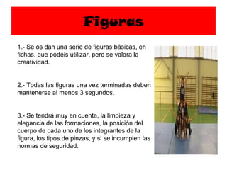 Figuras 1.- Se os dan una serie de figuras básicas, en fichas, que podéis utilizar, pero se valora la creatividad. 2.- Todas las figuras una vez terminadas deben mantenerse al menos 3 segundos. 3.- Se tendrá muy en cuenta, la limpieza y elegancia de las formaciones, la posición del cuerpo de cada uno de los integrantes de la figura, los tipos de pinzas, y si se incumplen las normas de seguridad. 