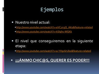 Ejemplos

 Nuestro nivel actual:
 http://www.youtube.com/watch?v=eVC2n3Q_AKo&feature=related
 http://www.youtube.com/watch?v=kSIqhs-WGKk


 El nivel que conseguiremos en la siguiente
  etapa:
 http://www.youtube.com/watch?v=a-YX9c6rUbo&feature=related


 ¡¡¡ÁNIMO CHIC@S, QUERER ES PODER!!!
 