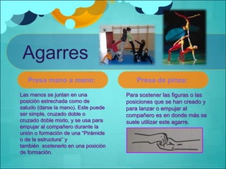 Agarres 
Presa mano a mano: 
Las manos se juntan en una 
posición estrechada como de 
saludo (darse la mano). Este puede 
ser simple, cruzado doble o 
cruzado doble mixto, y se usa para 
empujar al compañero durante la 
unión o formación de una “Pirámide 
o de la estructura” y 
también sostenerlo en una posición 
de formación. 
Presa de pinza: 
Para sostener las figuras o las 
posiciones que se han creado y 
para lanzar o empujar al 
compañero es en donde más se 
suele utilizar este agarre. 
 