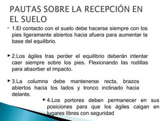    1.El contacto con el suelo debe hacerse siempre con los
    pies ligeramente abiertos hacia afuera para aumentar la
    base del equilibrio.

 2.Los ágiles tras perder el equilibrio deberán intentar
  caer siempre sobre los pies. Flexionando las rodillas
  para absorber el impacto.

 3.La columna debe mantenerse recta, brazos
  abiertos hacia los lados y tronco inclinado hacia
  delante.
               4.Los portores deben permanecer en sus
                posiciones para que los ágiles caigan en
                lugares libres con seguridad
 