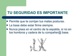 TU SEGURIDAD ES IMPORTANTE Permite que te corrijan tus malas posturas. La base debe estar firme siempre. Nunca pises en el centro de la espalda, si no en los hombros y cadera de tu compañer@ base. 