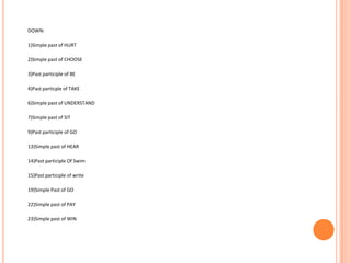 DOWN:

1)Simple past of HURT

2)Simple past of CHOOSE

3)Past participle of BE

4)Past particple of TAKE

6)Simple past of UNDERSTAND

7)Simple past of SIT

9)Past participle of GO

13)Simple past of HEAR

14)Past participle Of Swim

15)Past participle of write

19)Simple Past of GO

22)Simple past of PAY

23)Simple past of WIN
 