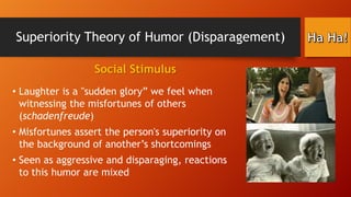 Superiority Theory of Humor (Disparagement)
Social Stimulus
• Laughter is a "sudden glory” we feel when
witnessing the mis...