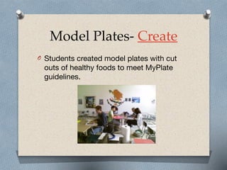 Model Plates- Create
O Students created model plates with cut
outs of healthy foods to meet MyPlate
guidelines.
 