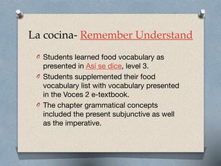 La cocina- Remember Understand
O Students learned food vocabulary as
presented in Así se dice, level 3.

O Students supplemented their food
vocabulary list with vocabulary presented
in the Voces 2 e-textbook.

O The chapter grammatical concepts
included the present subjunctive as well
as the imperative.
 