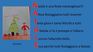 atale è una festa meravigliosa!!!
llora festeggiamo tutti insieme:
anta gioia e tanta felicità a tutti.
Natale si fa il presepe e l’albero.
uccica l’alberello bello,
cco perché tutti festeggiano a Natale.
Christian
 