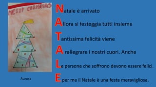 atale è arrivato
llora si festeggia tutti insieme
antissima felicità viene
rallegrare i nostri cuori. Anche
e persone che soffrono devono essere felici.
per me il Natale è una festa meravigliosa.Aurora
 