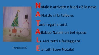 atale è arrivato e fuori c’è la neve
Natale si fa l’albero.
anti regali a tutti.
Babbo Natale un bel riposo
a sera tutti a festeggiare
a tutti Buon Natale!
Francesco IIIA
 