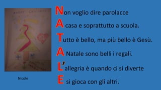on voglio dire parolacce
casa e soprattutto a scuola.
utto è bello, ma più bello è Gesù.
Natale sono belli i regali.
allegria è quando ci si diverte
si gioca con gli altri.
Nicole
 