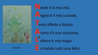 atale è la mia vita,
ngelo è il mio custode,
anto affetto a Natale.
tutto c’è una soluzione,
albero è una magia
a Natale tutti sono felici.Arianna
 