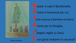 atale: è nato il Bambinello,
more e tenerezza per Lui.
ante carezze al Bambino di Maria.
more per la famiglia.
angelo veglia su Gesù
con gioia andiamo in vacanza!Maria Carolina
 