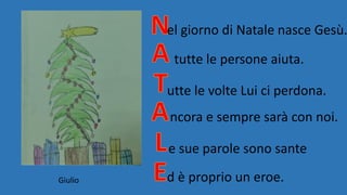 el giorno di Natale nasce Gesù.
tutte le persone aiuta.
utte le volte Lui ci perdona.
ncora e sempre sarà con noi.
e sue parole sono sante
d è proprio un eroe.Giulio
 