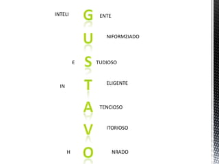 INTELI          ENTE


                  NIFORMZIADO



           E   TUDIOSO


                  ELIGENTE
  IN


                TENCIOSO


                  ITORIOSO



       H               NRADO
 