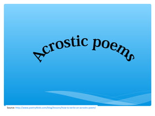 Source: http://www.poetry4kids.com/blog/lessons/how-to-write-an-acrostic-poem/
 