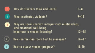 How do students think and learn? 1–8
What motivates students? 9–12
Why are social context, interpersonal relationships,
and emotional well-being
important to student learning? 13–15
How can the classroom best be managed? 16–17
How to assess student progress? 18-20
1
2
3
4
5
 