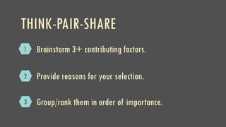 THINK-PAIR-SHARE
1 Brainstorm 3+ contributing factors.
Provide reasons for your selection.
Group/rank them in order of importance.
2
3
 