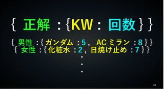 43
{ 正解 : {KW : 回数 } }
{ 男性 : { ガンダム : 5 , AC ミラン : 8 } }
{ 女性 : { 化粧水 : 2 , 日焼け止め : 7 } }
・
・
・
 