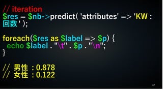 47
// iteration
$res = $nb->predict( 'attributes' => 'KW :
回数 ' );
foreach($res as $label => $p) {
echo $label . "t" . $p . "n";
}
// 男性 : 0.878
// 女性 : 0.122
 