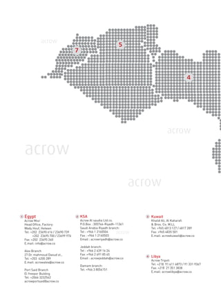 acrow
acrow
acrow
acrow
acrow
4
5
7
acrow
acrow
1 Kuwait
Khalid Ali, Al Kaharaﬁ
& Bros. Co. W.LL
Tel: +965 4813 127 / 4817 289
Fax: +965 4835 501
E.mail: acrowkuwait@acrow.co
3
Libya
Acrow Tripoli
Tel: +218 91 411 6873 / 91 331 9367
Fax: +218 21 351 3838
E.mail: acrowlibya@acrow.co
4
2 KSA
Acrow Al saudia Ltd co.
P.O.Box : 305746-Riyadh-11361
Saudi Arabia Riyadh branch:
Tel : +966 1 2160504
Fax : +966 1 2160503
Email : acrowriyadh@acrow.co
Jeddah branch:
Tel : +966 2 639 16 24
Fax :+966 2 691 85 45
Email : acrowjeddah@acrow.co
Damam branch:
Tel: +966 3 8054151
Egypt
Acrow Misr
Head Ofﬁce, Factory:
Wady Houf, Helwan
Tel: +202 23690 616 / 23690 739
+202 23695 700 / 23699 976
Fax: +202 23695 260
E.mail: info@acrow.co
Alex Branch
27 Dr. mahmoud Daoud st.,
Tel: +203 4200 289
E.mail: acrowalex@acrow.co
Port Said Branch
El freepor Bulding
Tel: +2066 3232542
acrowportsaid@acrow.co
 