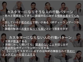 カスタマーになりそうな人の行動パターン：
・色々と質問をしてきて、課題対応に対する情熱を見せてくれ
る
・話していると前のめりで勢いがある（ボディーランゲージか
らもわかる）
・課題の解決にお金を払っても良いという態度を示す
Copyright 2018 Masayuki Tadokoro All rights reserved
カスタマーにならない人の行動パターン：
・注意が散漫である
・課題に対して聞いても、関連のないことを話し出す
・否定的なボディーランゲージをする
*こういったカスタマーと話すのは時間の無駄なので早めに
インタビューを切り上げる
Startup Science 2018
 