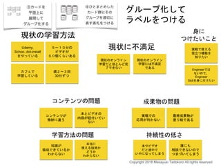 Udemy,
Schoo, dot-install
をやっている
Engineerでは
ないので、
Engineer
Skillを身に付けたい
週２〜３回
30分ずつ
５〜１０分の
ビデオが
５０個くらいある
知識が
吸収できているか
わからない
本とビデオの
内容が紐付いてい
ない
コンテンツが
微妙に違う
最終成果物が
塗り絵である
実戦での
応用が利かない
誰にも
相談できないので
つまづいてしまう
現状のオンライン
学習だとほとんど完
了できない
本やビデオ
だと途中で
いやになってしまう
本当に
使える技術か
どうか
わからない
実戦で使える
役立つ機能を
知りたい
グループ化して
ラベルをつける
カフェで
学習している
現状のオンライン
学習には不満足
である
現状の学習方法
現状に不満足
身に
つけたいこと
コンテンツの問題 成果物の問題
学習方法の問題 持続性の低さ
Copyright 2018 Masayuki Tadokoro All rights reserved
 