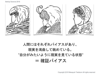 人間にはそれぞれバイアスがあり、
現実を湾曲して眺めている。
”自分がみたいように現実を見ている状態”
＝ 確証バイアス
Copyright 2018 Masayuki Tadokoro All rights reserved
Startup Science 2018
 
