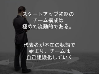 スタートアップ初期の
チーム構成は
極めて流動的である。
代表者が不在の状態で
始まり、チームは
自己組織化していく
Copyright 2018 Masayuki Tadokoro All rights reserved
Startup Science 2018
 