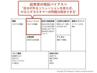 Copyright 2018 Masayuki Tadokoro All rights reserved
起業家の確証バイアス＝
”自分が作るソリューションを使えば、
かならずカスタマーの問題は解決できる”
 