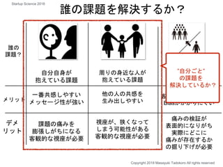 自分自身が
抱えている課題
一番共感しやすい
メッセージ性が強い
課題の痛みを
膨張しがちになる
客観的な視座が必要
周りの身近な人が
抱えている課題
他の人の共感を
生み出しやすい
視座が、狭くなって
しまう可能性がある
客観的な視座が必要
第三者が
抱えている課題
痛みの検証が
表面的になりがち
実際にどこに
痛みが存在するか
の掘り下げが必要
誰の課題を解決するか？
メリット
デメ
リット
誰の
課題？
客観的な視座を持てる
Biasがかかりにくい
”自分ごと”
の課題を
解決しているか？
Copyright 2018 Masayuki Tadokoro All rights reserved
Startup Science 2018
 