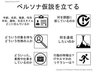 ペルソナ仮説を立てる
どういう印象を持ち
どういう性格の人か
年齢、名前、職業、性別
年収、趣味、生活スタイル
どこに住んでいるか
何を達成
したいのか
何を課題に
感じているのか
どういった、
業務や仕事を
しているのか
Copyright 2018 Masayuki Tadokoro All rights reserved
行動の特徴は？
ITやスマホの
リテラシーは？
Startup Science 2018
 