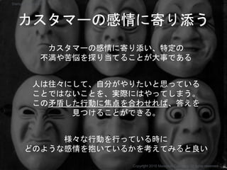 カスタマーの感情に寄り添う
カスタマーの感情に寄り添い、特定の
不満や苦悩を探り当てることが大事である
人は往々にして、自分がやりたいと思っている
ことではないことを、実際にはやってしまう。
この矛盾した行動に焦点を合わせれば、答えを
見つけることができる。
様々な行動を行っている時に
どのような感情を抱いているかを考えてみると良い
Copyright 2018 Masayuki Tadokoro All rights reserved
Startup Science 2018
 