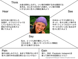 Pain
Hear See
Gain
Say
Think
旅行は楽しみだけど、あまり予算がないので
色々と旅行中の出費を削らないといけない
常に、SNS（Facebook, Instagram)を
使って旅行中の記録をとりたい
お金を節約しながら、いい旅行体験するのは最高だな
来月は、はじめての日本への旅行、いい旅行体験
にするために色々と情報を集めよう
先月日本に旅行をした
友達が、とてもエンジョイを
しているみたいだった。
旅先でのTipsを色々と
聞いてみよう
日本はハイテクな国だから
きっと、色々と楽しい旅行を
サポートしてくれるツールや
サービスがいっぱいあるはず
色々と見てみよう
私は、とっても旅行慣れしていて、
その土地で、一番いいサービスやいい情報を
見つける事ができるわ
Copyright 2018 Masayuki Tadokoro All rights reserved
 