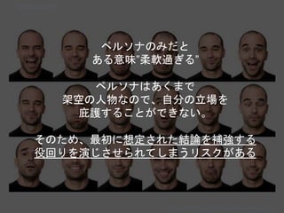 Copyright 2018 Masayuki Tadokoro All rights reserved
Startup Science 2018
Startup Science 2018
ペルソナのみだと
ある意味”柔軟過ぎる”
ペルソナはあくまで
架空の人物なので、自分の立場を
庇護することができない。
そのため、最初に想定された結論を補強する
役回りを演じさせられてしまうリスクがある
 