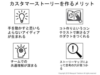 カスタマーストーリーを作るメリット
チームでの
共通理解が深まる
ストーリーマップによ
って思考の穴が見つか
る
手を動かすと思いも
よらないアイディア
が生まれる
コト作りというコン
テクストで刺さるプ
ロダクトをつくれる
Copyright 2018 Masayuki Tadokoro All rights reserved
 