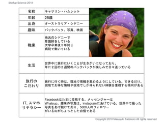 何を課題に
感じているのか
名前 キャサリン・ハムレット
年齢 25歳
出身 オーストラリア・シドニー
趣味 バックパック、写真、映画
職業
地元のシドニーで
看護師をしている
大学卒業後３年同じ
病院で働いている
生活
世界中に旅行にいくことが生きがいになっており、
年に２回の２週間のバックパックが楽しみで日々送っている
旅行の
こだわり
旅行に行く時は、現地で情報を集めるようにしている。できるだけ、
現地でお得な情報や現地でしか得られない体験を重視する傾向がある
IT, スマホ
リテラシー
Facebookはたまに投稿する。メッセンジャーは
Whatsup。趣味の写真は、instagramにあげている。世界中で撮った
写真をあげ続けており、5000人のフォロワー
がいるのがちょっとした自慢である
Copyright 2018 Masayuki Tadokoro All rights reserved
Startup Science 2018
 