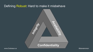 @davearonsonwww.Codosaur.us
Defining Robust: Hard to make it misbehave
Confidentiality
Availability
Integrity
 