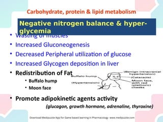 Carbohydrate, protein & lipid metabolism
• Wasting of muscles
• Increased Gluconeogenesis
• Decreased Peripheral utilization of glucose
• Increased Glycogen deposition in liver
• Redistribution of Fat
• Buffalo hump
• Moon face
• Promote adipokinetic agents activity
(glucagon, growth hormone, adrenaline, thyroxine)
Negative nitrogen balance & hyper-
glycemia
 
