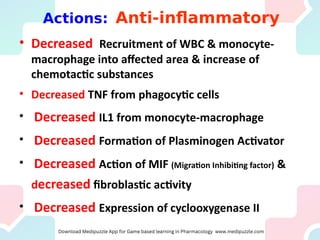 • Decreased Recruitment of WBC & monocyte-
macrophage into affected area & increase of
chemotactic substances
• Decreased TNF from phagocytic cells
• Decreased IL1 from monocyte-macrophage
• Decreased Formation of Plasminogen Activator
• Decreased Action of MIF (Migration Inhibiting factor) &
decreased fibroblastic activity
• Decreased Expression of cyclooxygenase II
Actions: Anti-inflammatory
 