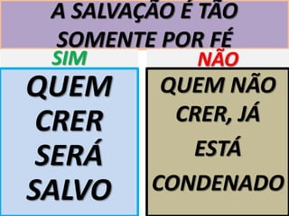 A SALVAÇÃO É TÃO
SOMENTE POR FÉ
SIM

NÃO

QUEM
CRER
SERÁ
SALVO

QUEM NÃO
CRER, JÁ
ESTÁ
CONDENADO

 